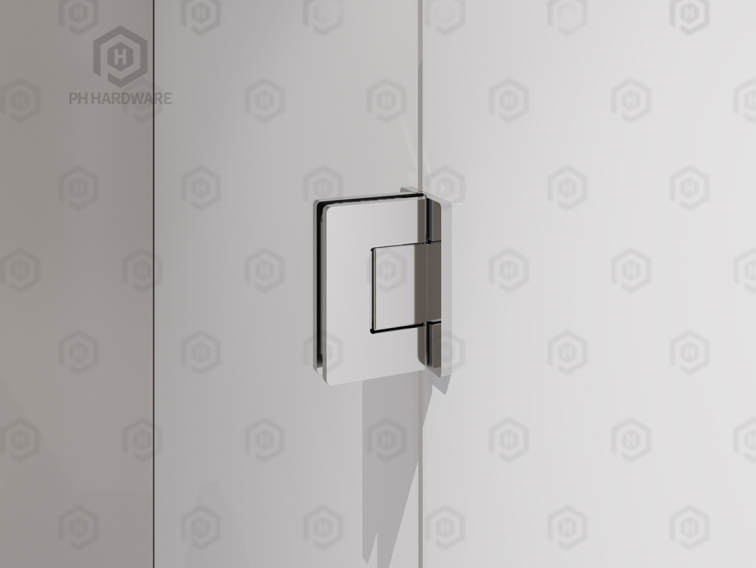 Polished chrome glass-to-glass shower hinge mounted on tempered glass panels