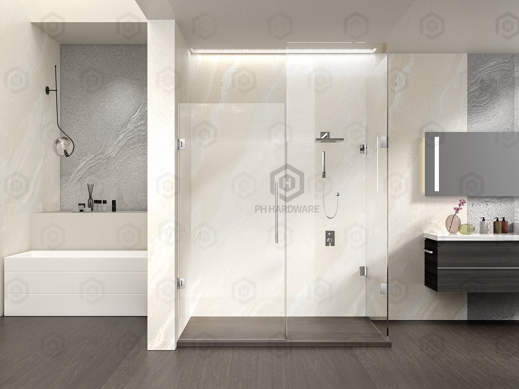 Frameless shower enclosure with polished stainless steel hinges and handles in a modern marble bathroom