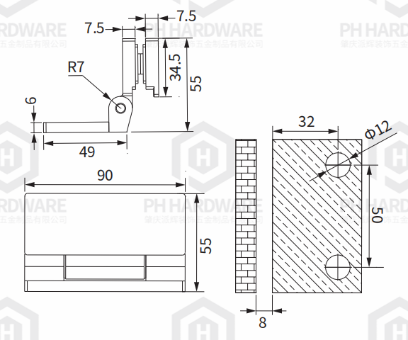 4904 |  90 Degree Wall Mount Shower Hinge Without Spring view 2