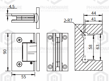 PHA04-T | 90° Full Back Plate Wall Mounted Adjustable Shower Hinge with Soft-closing Function view 2