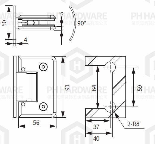 4803 | 90° Full Back Plate Wall Mounted Beveled Edge Adjustable Shower Hinge view 2