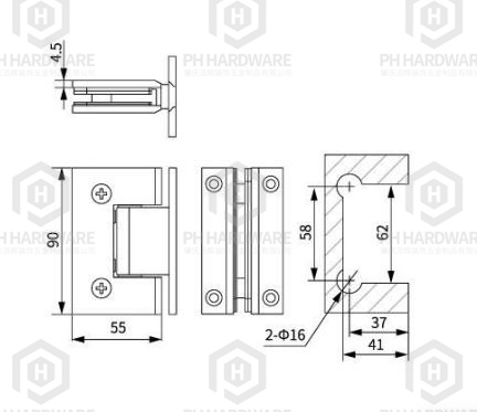 WG327-H (90mm) | 90° "H" Back Plate Wall Mounted Shower Hinge view 2