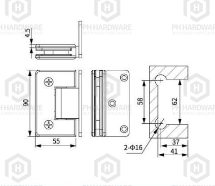 WG328-L (90mm) | Beveled Edge 90° Offset Back Plate Wall Mounted Shower Hinge view 2