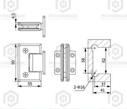 WG328-TA (90mm) | Beveled Edge 90° "H" Back Plate Wall Mounted Shower Hinge view 2