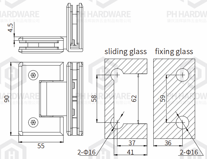 WG328-90A (90mm) | Beveled Edge 90° Glass-to-Glass Shower Hinge view 2
