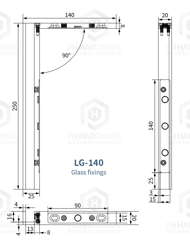 LG-140 | Left Side 90 Degree Glass-to-Wall Glass Door Bracket Clamp view 4