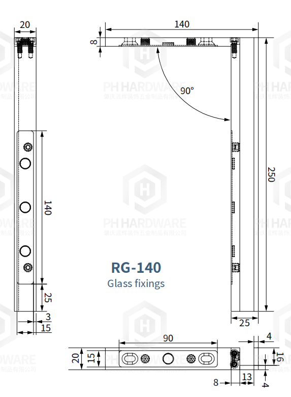 RG-140 | Right Side 90 Degree Glass-to-Wall Glass Door Bracket Clamp view 4