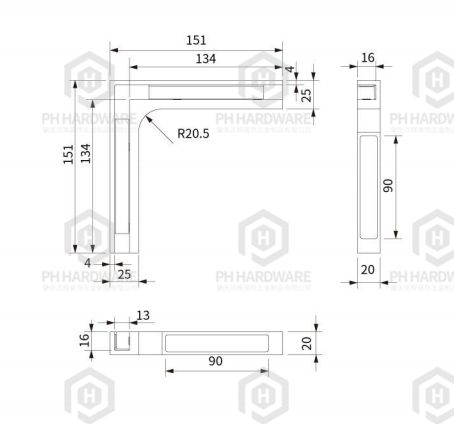 LG-130 | Left Side 90 Degree Glass-to-Glass Shower Glass Door Bracket Clamp view 3
