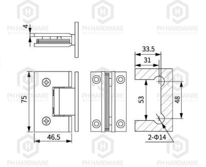 0513-T (75mm) | 90° Full Back Plate Wall Mounted Shower Hinge view 2