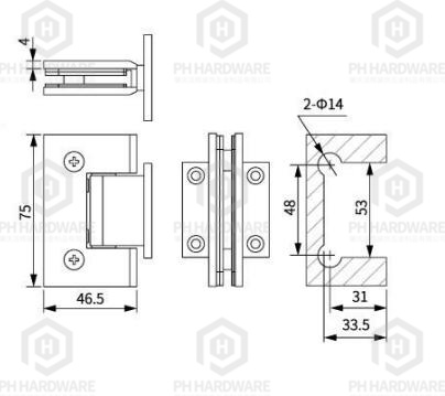 0513-TA (75mm) | 90° Short Back Plate Wall Mounted Shower Hinge view 2
