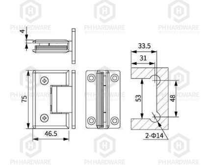 0514T (75mm) | 90° Full Back Plate Wall Mounted Shower Hinge view 2