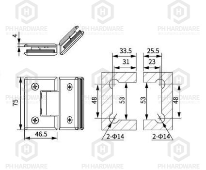 0514-135 (75mm) | 135° Glass-to-Glass Shower Hinge view 2